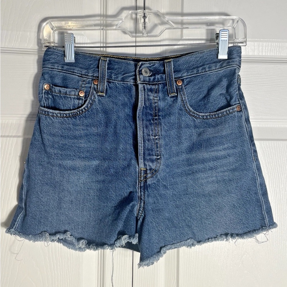 Levis High Rise Ribcage Shorts Women 27 Blue Denim Button Fly Cutoffs Festival